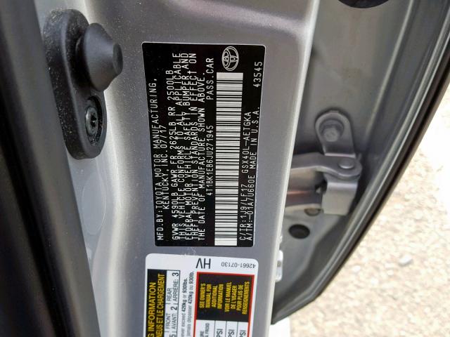 4T1BK1EB6JU271945 - 2018 TOYOTA AVALON XLE SILVER photo 10