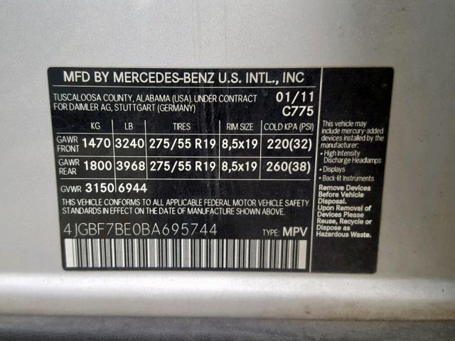 4JGBF7BE0BA695744 - 2011 MERCEDES-BENZ GL 450 4MA SILVER photo 10