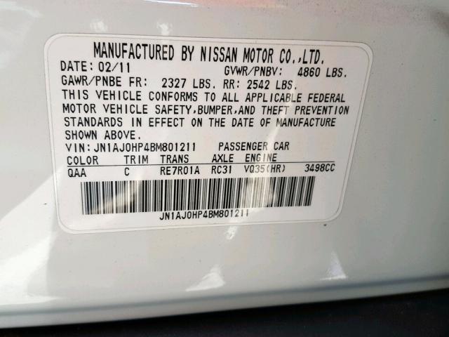 JN1AJ0HP4BM801211 - 2011 INFINITI EX35 BASE WHITE photo 10