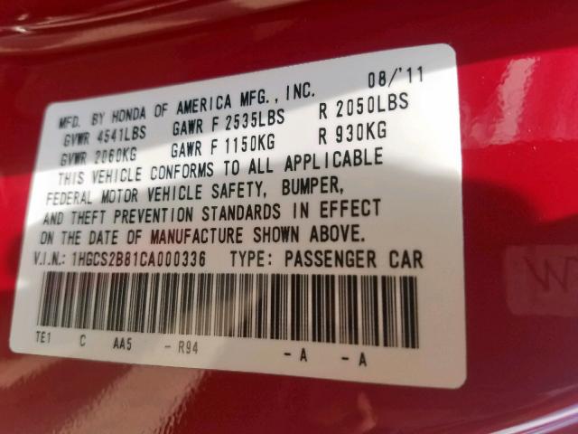 1HGCS2B81CA000336 - 2012 HONDA ACCORD EXL RED photo 10