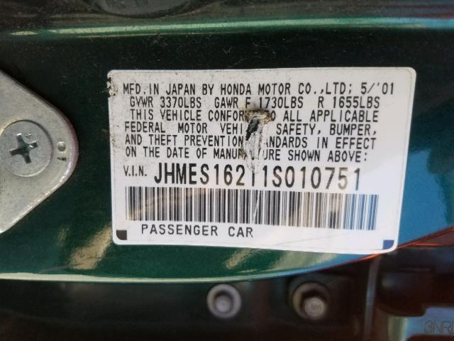 JHMES16211S010751 - 2001 HONDA CIVIC DX GREEN photo 10