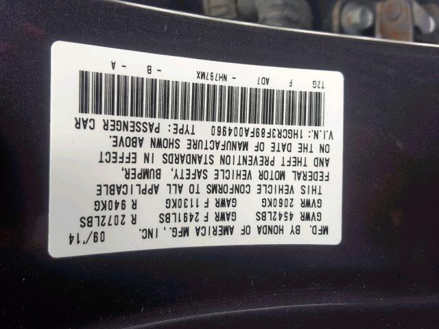 1HGCR3F89FA004960 - 2015 HONDA ACCORD EXL SILVER photo 10