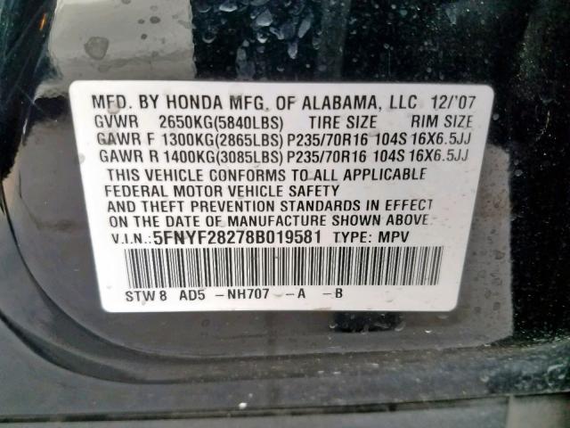 5FNYF28278B019581 - 2008 HONDA PILOT VP BLACK photo 10