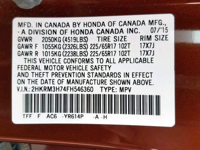 2HKRM3H74FH546360 - 2015 HONDA CR-V EXL BURGUNDY photo 10