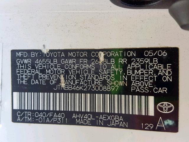 JTNBB46K273008897 - 2007 TOYOTA CAMRY NEW WHITE photo 10