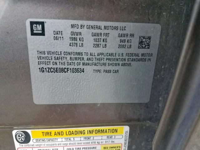 1G1ZC5E08CF103634 - 2012 CHEVROLET MALIBU 1LT GRAY photo 10