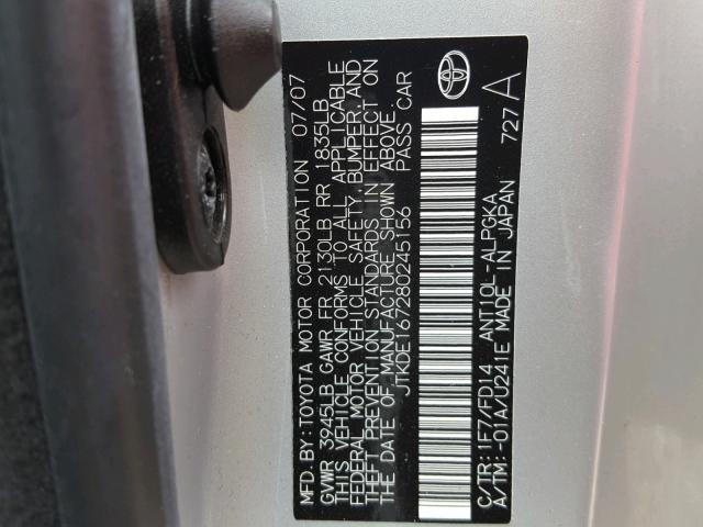 JTKDE167280245156 - 2008 TOYOTA SCION TC 银色 照片 10