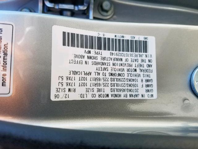 JHLRE38707C029148 - 2007 HONDA CR-V EXL SILVER photo 10