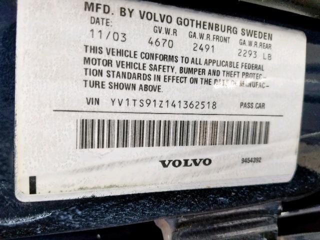 YV1TS91Z141362518 - 2004 VOLVO S80 T6 BLUE photo 10