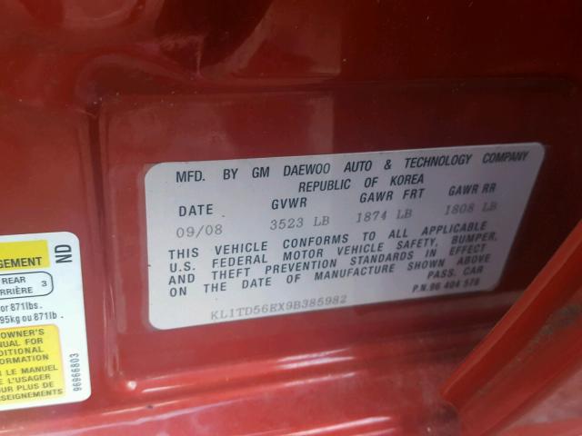 KL1TD56EX9B385982 - 2009 CHEVROLET AVEO LS BURGUNDY photo 10