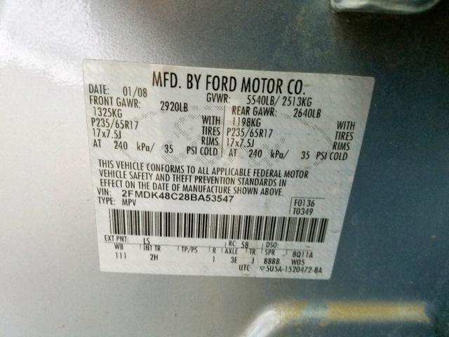 2FMDK48C28BA53547 - 2008 FORD EDGE SEL BLUE photo 10