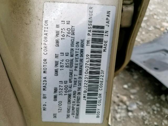 JM1BJ222310407439 - 2001 MAZDA PROTEGE DX GOLD photo 10