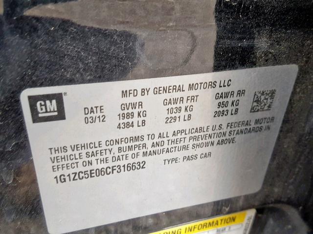 1G1ZC5E06CF316632 - 2012 CHEVROLET MALIBU 1LT 黑色 照片 10