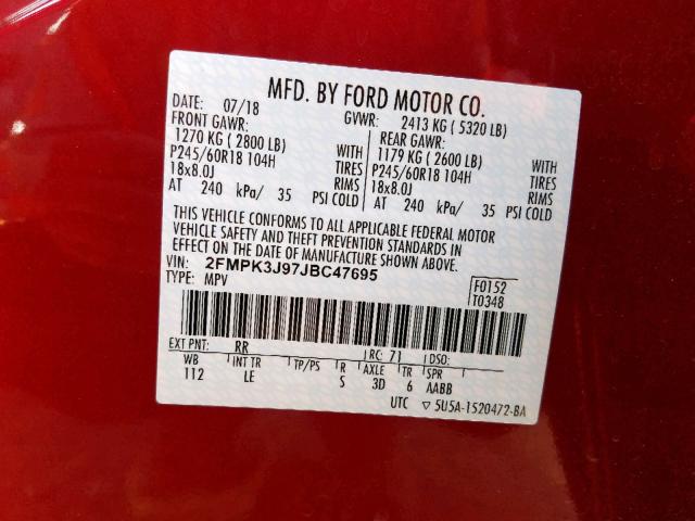 2FMPK3J97JBC47695 - 2018 FORD EDGE SEL RED photo 10