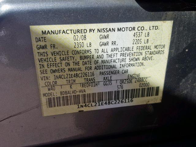 1N4CL21E48C226116 - 2008 NISSAN ALTIMA HYB GRAY photo 10