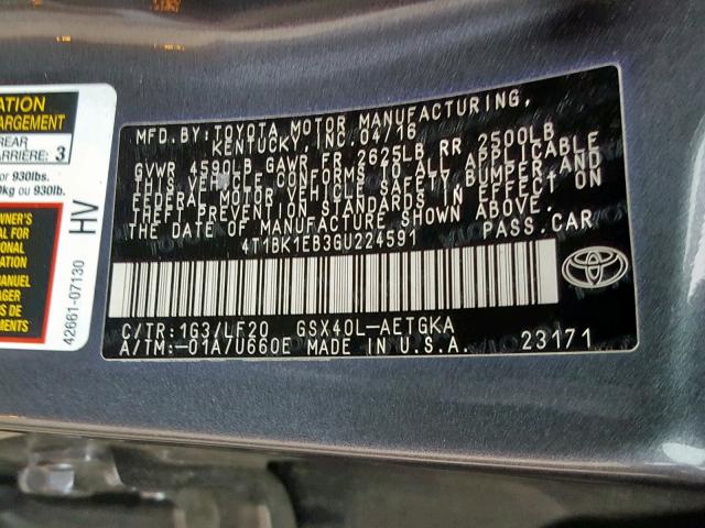 4T1BK1EB3GU224591 - 2016 TOYOTA AVALON XLE GRAY photo 10