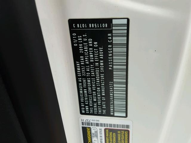 WVWBB7AJ4AW264372 - 2010 VOLKSWAGEN GOLF 白色 照片 10