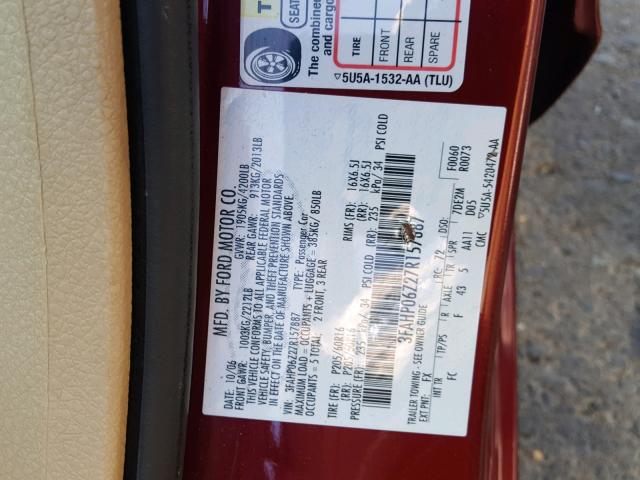 3FAHP06Z27R157887 - 2007 FORD FUSION S RED photo 10