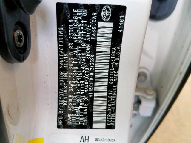 4T1BK1EB5HU243628 - 2017 TOYOTA AVALON XLE WHITE photo 10