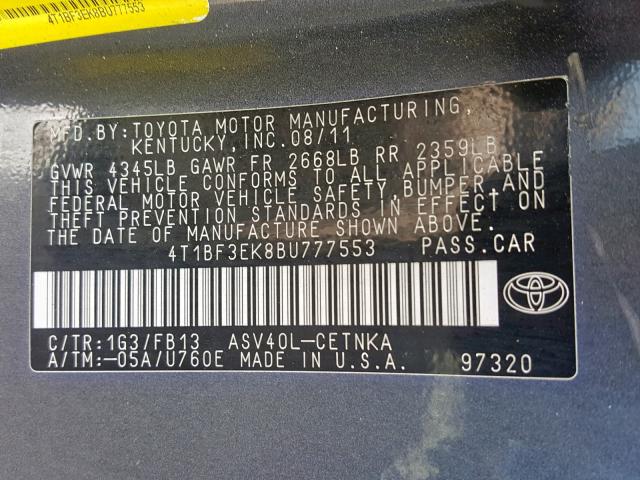 4T1BF3EK8BU777553 - 2011 TOYOTA CAMRY BASE GRAY photo 10