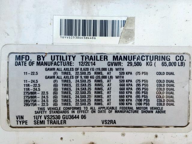 1UYVS2530GU364406 - 2016 UTILITY TRAILER WHITE photo 10