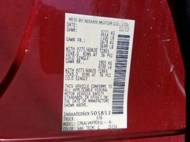 1N6AA0ED6EN505853 - 2014 NISSAN TITAN S RED photo 10