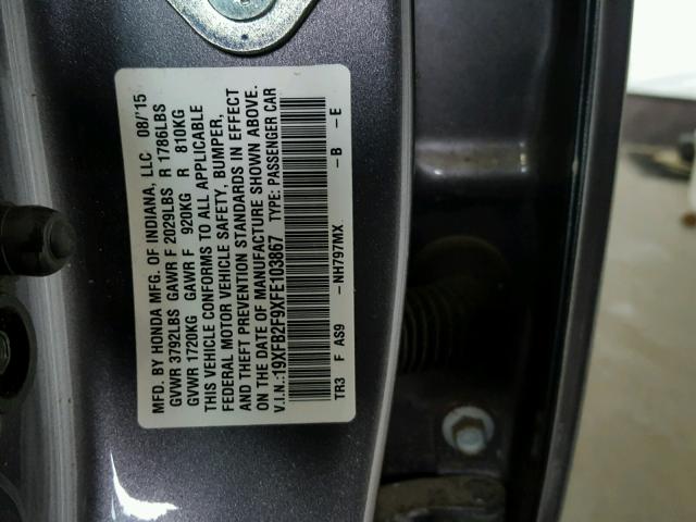 19XFB2F9XFE103867 - 2015 HONDA CIVIC EXL GRAY photo 10