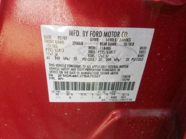 2FMDK48C37BA75507 - 2007 FORD EDGE SEL RED photo 10