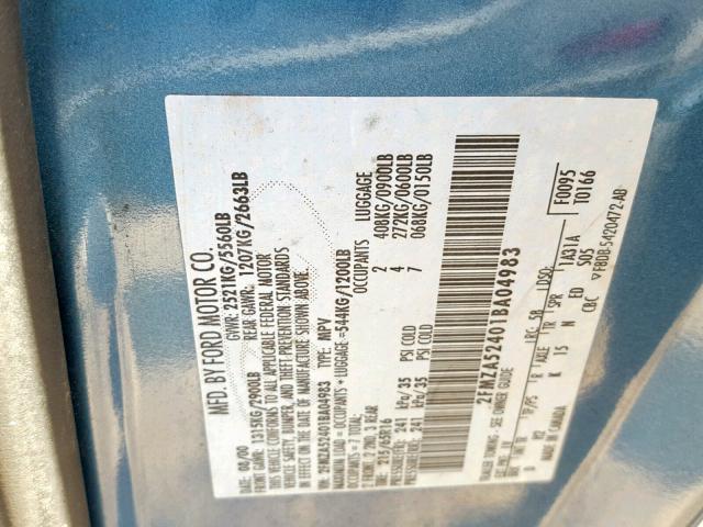 2FMZA52401BA04983 - 2001 FORD WINDSTAR S BLUE photo 10