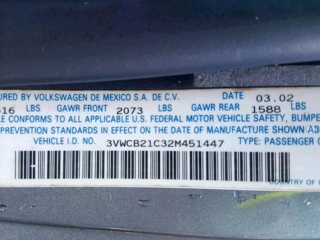 3VWCB21C32M451447 - 2002 VOLKSWAGEN NEW BEETLE GRAY photo 10