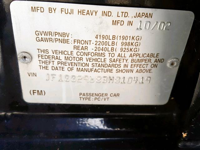 JF1GG29683H810419 - 2003 SUBARU IMPREZA WR BLACK photo 10