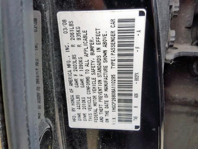 1HGCP26808A110295 - 2008 HONDA ACCORD EXL BLACK photo 10