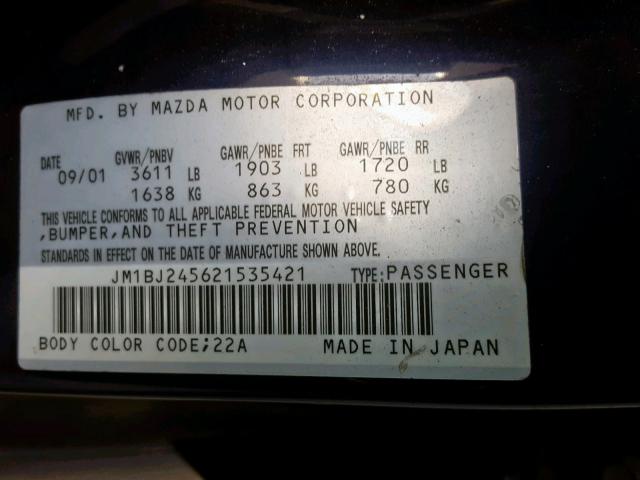 JM1BJ245621535421 - 2002 MAZDA PROTEGE PR BLUE photo 10