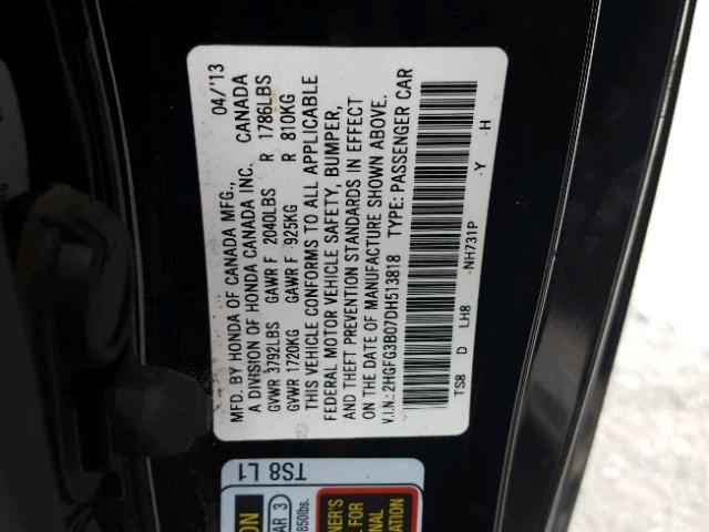 2HGFG3B07DH513818 - 2013 HONDA CIVIC EXL BLACK photo 10