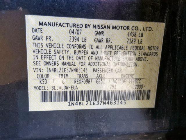 1N4BL21E37N463145 - 2007 NISSAN ALTIMA 3.5 CHARCOAL photo 10