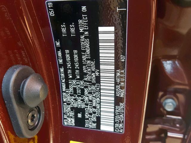 5TDZARFH9KS051423 - 2019 TOYOTA HIGHLANDER MAROON photo 10