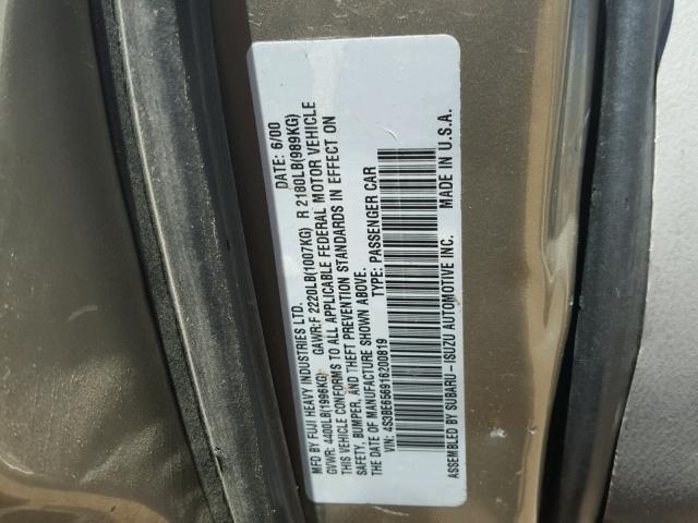 4S3BE656916200819 - 2001 SUBARU LEGACY GT GRAY photo 10