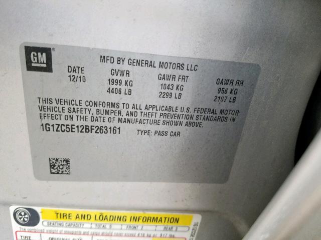 1G1ZC5E12BF263161 - 2011 CHEVROLET MALIBU 1LT SILVER photo 10