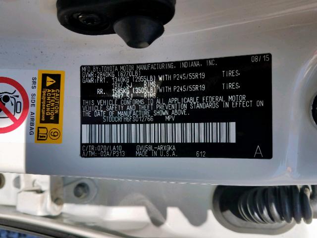 5TDDCRFH6FS012766 - 2015 TOYOTA HIGHLANDER WHITE photo 10