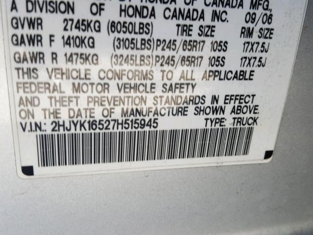 2HJYK16527H515945 - 2007 HONDA RIDGELINE SILVER photo 10