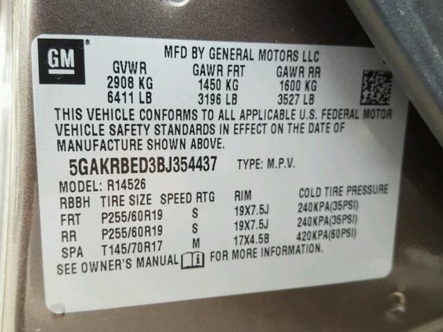 5GAKRBED3BJ354437 - 2011 BUICK ENCLAVE CX BROWN photo 10