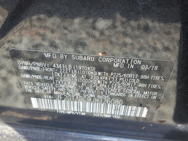 JF2GTABC9JH326080 - 2018 SUBARU CROSSTREK GRAY photo 10