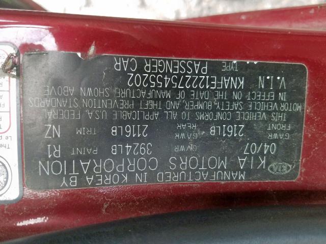 KNAFE122275455202 - 2007 KIA SPECTRA EX RED photo 10