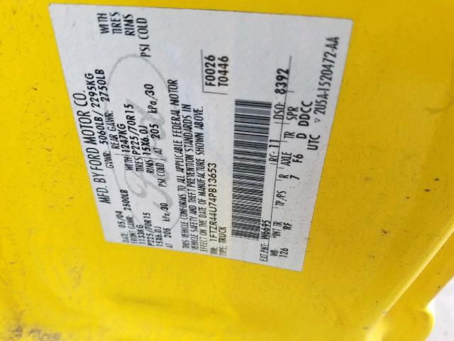 1FTZR44U74PB13653 - 2004 FORD RANGER SUP YELLOW photo 10