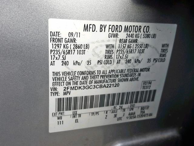 2FMDK3GC3CBA22120 - 2012 FORD EDGE SE SILVER photo 10