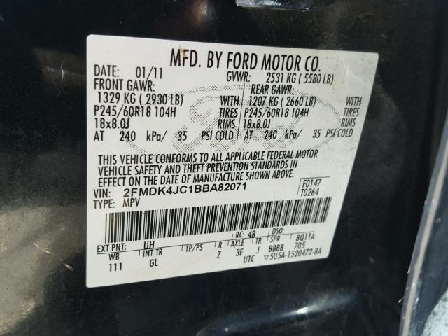 2FMDK4JC1BBA82071 - 2011 FORD EDGE SEL CHARCOAL photo 10