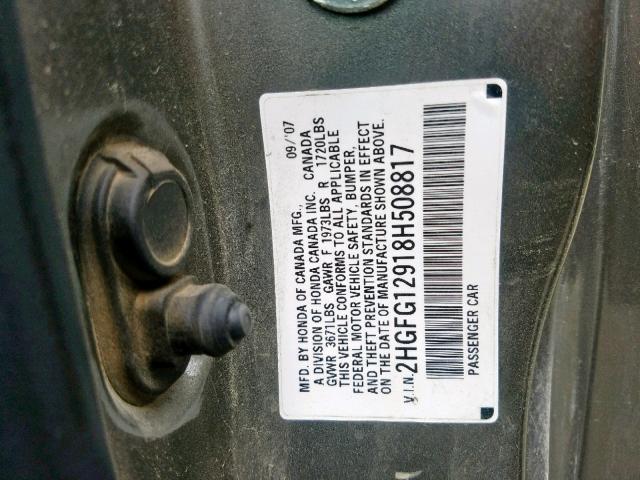 2HGFG12918H508817 - 2008 HONDA CIVIC EXL 灰色 照片 10