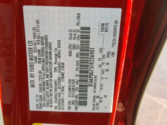 3FA6P0G75FR226901 - 2015 FORD FUSION S RED photo 10