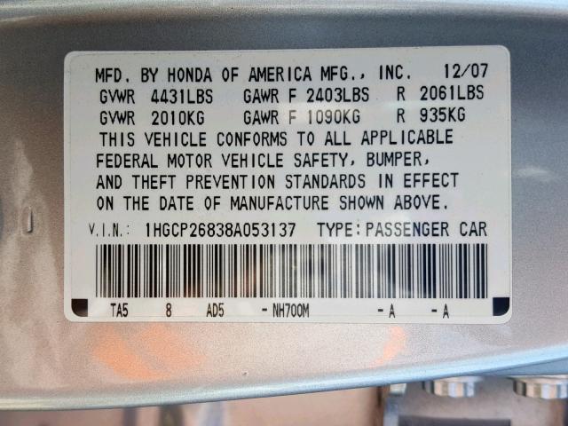 1HGCP26838A053137 - 2008 HONDA ACCORD EXL SILVER photo 10