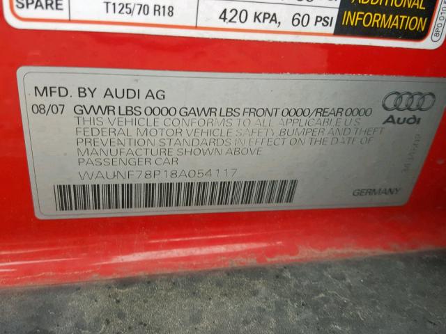 WAUNF78P18A054117 - 2008 AUDI A3 2.0 PRE RED photo 10